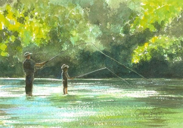 father and kid fishing